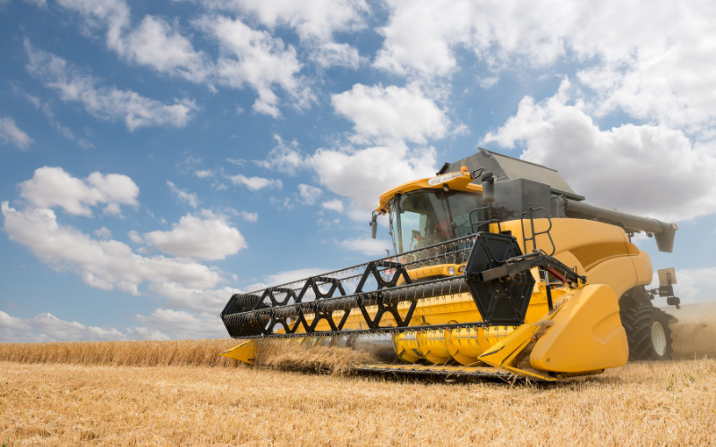 A combine harvester operates in a vast field, efficiently harvesting crops under a clear blue sky.